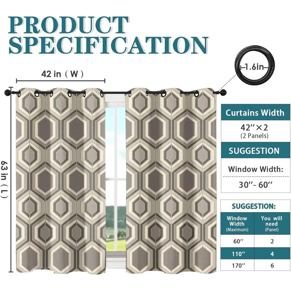 Modern Hexagon Geometric Grommet Curtain Panels 42x63 Set of 2 SEE PICS‎
